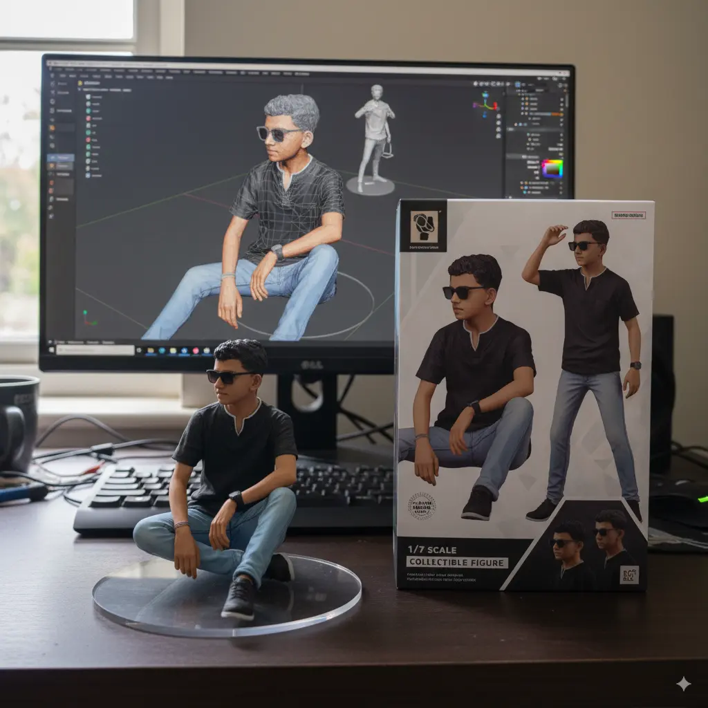 Create a 1/7 scale 15 commercialized figurine of the person in the picture, in a realistic style, in a real environment. The figurine is placed on a computer desk. The figurine has a round transparent acrylic base, with no text on the base. The content on the computer screen is a 3D modeling process of this figurine. Next to the computer screen is a toy packaging box, designed in a style reminiscent of high-quality collectible figures, printed with original artwork. The packaging features two-dimensional flat illustrations.