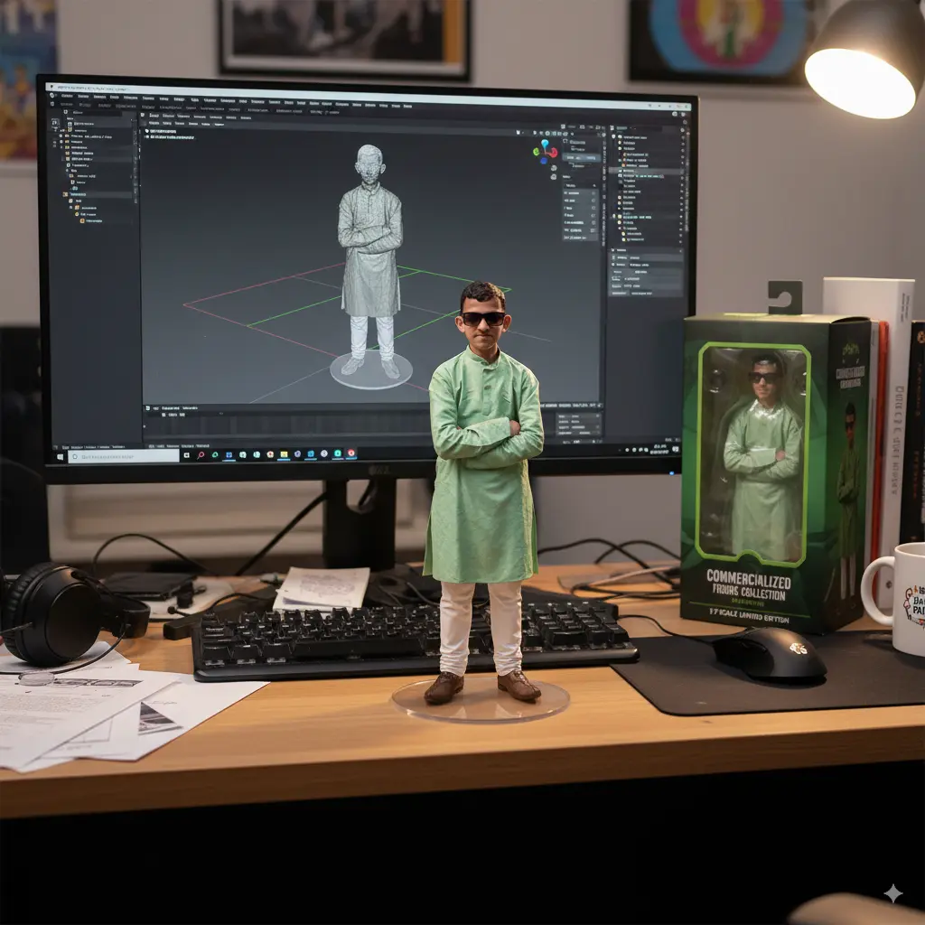 Create a 1/7 scale 15 commercialized figurine of the person in the picture, in a realistic style, in a real environment. The figurine is placed on a computer desk. The figurine has a round transparent acrylic base, with no text on the base. The content on the computer screen is a 3D modeling process of this figurine. Next to the computer screen is a toy packaging box, designed in a style reminiscent of high-quality collectible figures, printed with original artwork. The packaging features two-dimensional flat illustrations.