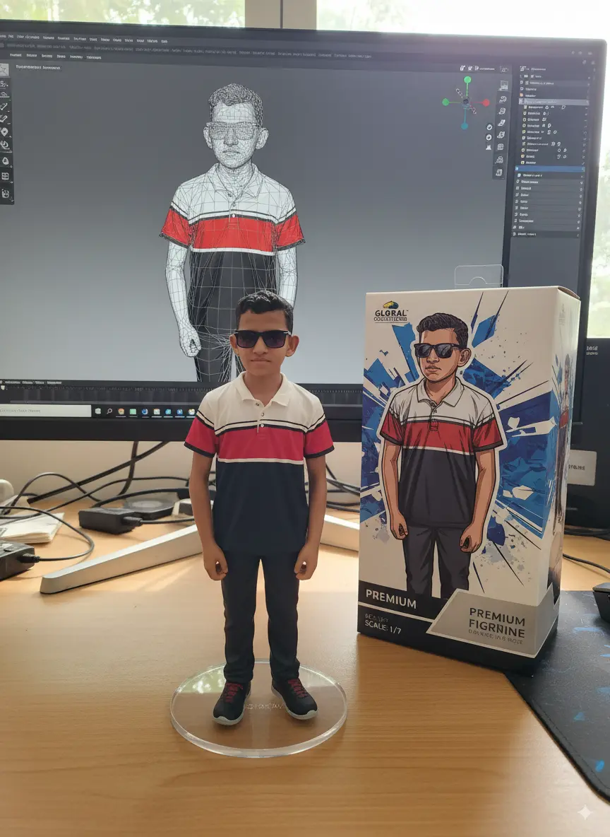 Create a 1/7 scale 15 commercialized figurine of the person in the picture, in a realistic style, in a real environment. The figurine is placed on a computer desk. The figurine has a round transparent acrylic base, with no text on the base. The content on the computer screen is a 3D modeling process of this figurine. Next to the computer screen is a toy packaging box, designed in a style reminiscent of high-quality collectible figures, printed with original artwork. The packaging features two-dimensional flat illustrations.