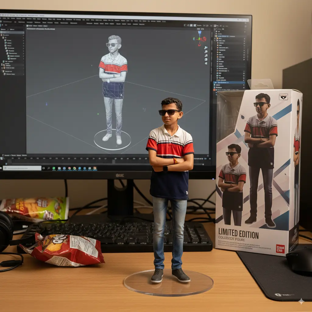 Create a 1/7 scale 15 commercialized figurine of the person in the picture, in a realistic style, in a real environment. The figurine is placed on a computer desk. The figurine has a round transparent acrylic base, with no text on the base. The content on the computer screen is a 3D modeling process of this figurine. Next to the computer screen is a toy packaging box, designed in a style reminiscent of high-quality collectible figures, printed with original artwork. The packaging features two-dimensional flat illustrations.