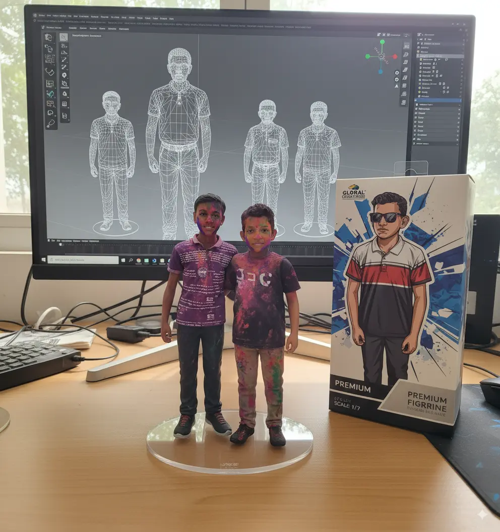 Create a 1/7 scale 15 commercialized figurine of the person in the picture, in a realistic style, in a real environment. The figurine is placed on a computer desk. The figurine has a round transparent acrylic base, with no text on the base. The content on the computer screen is a 3D modeling process of this figurine. Next to the computer screen is a toy packaging box, designed in a style reminiscent of high-quality collectible figures, printed with original artwork. The packaging features two-dimensional flat illustrations.