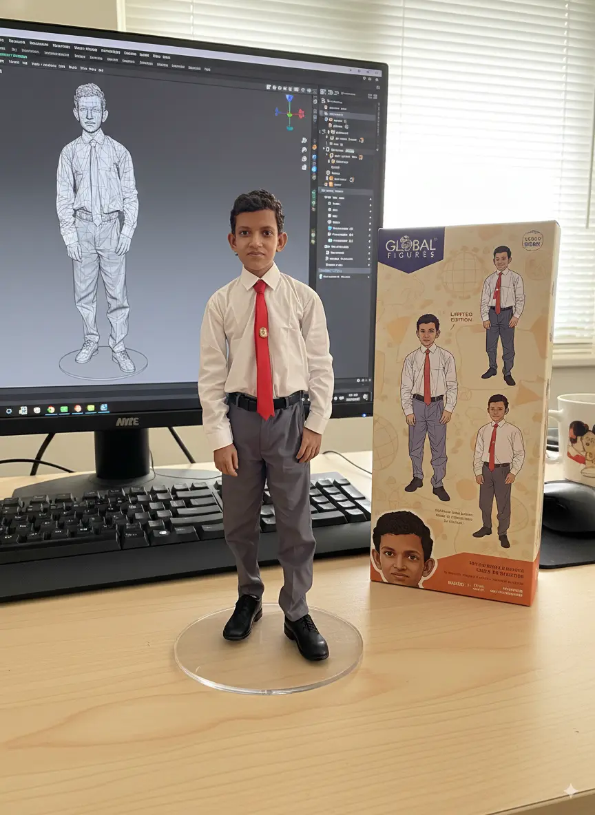 Create a 1/7 scale 15 commercialized figurine of the person in the picture, in a realistic style, in a real environment. The figurine is placed on a computer desk. The figurine has a round transparent acrylic base, with no text on the base. The content on the computer screen is a 3D modeling process of this figurine. Next to the computer screen is a toy packaging box, designed in a style reminiscent of high-quality collectible figures, printed with original artwork. The packaging features two-dimensional flat illustrations.